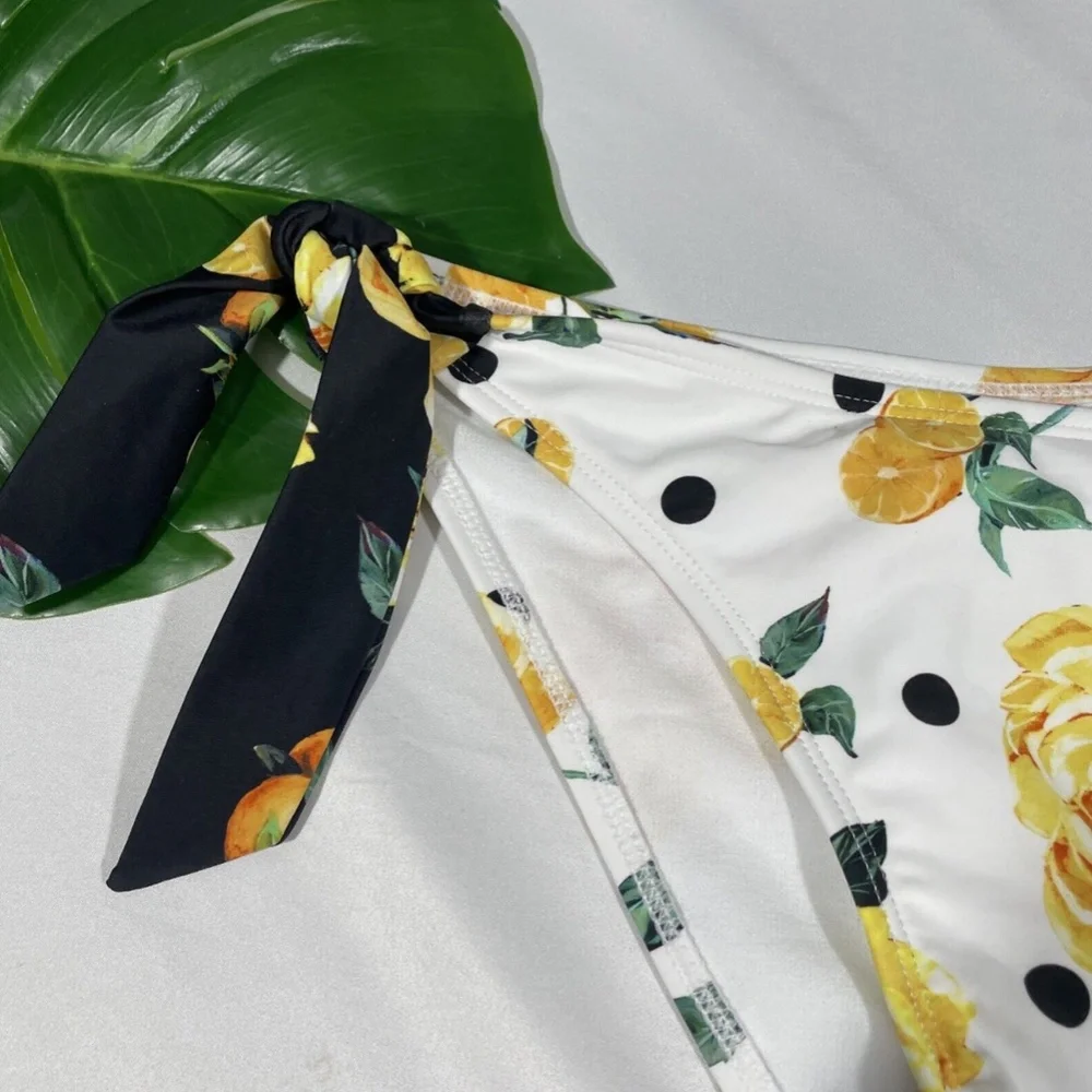 NEW‎ River Island [ 6 US ] Floral Lemon Blocked Tie Side Bikini Bottom White